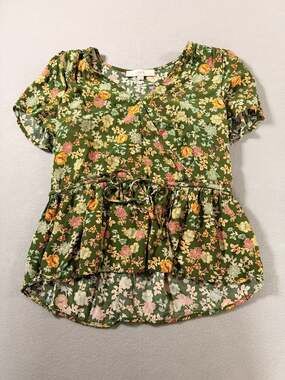 LOFT Green Floral Faux Wrap Peplum Blouse with Tie Waist Size S